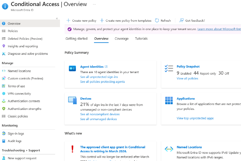 The Conditional Access Overview blade in the Microsoft Entra admin center